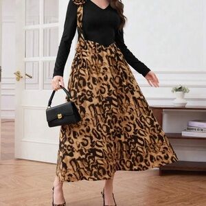 SHEIN Black and Brown Pleated Long Sleeve V-Neck Sundress
